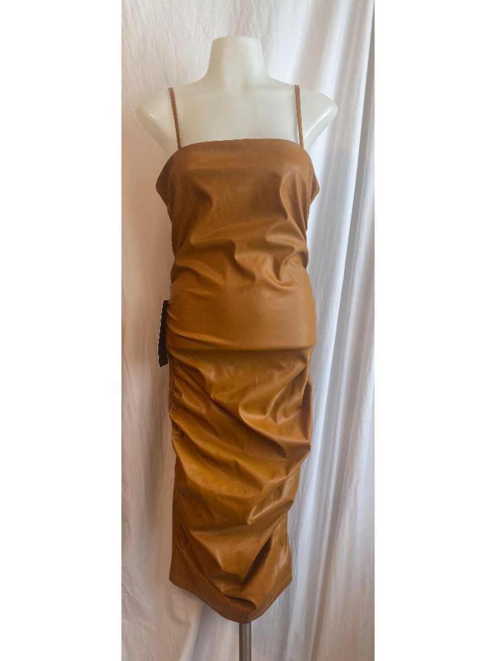 bebe Ruched Midi Vegan Leather Dress Caramel Bodycon Size S NWT